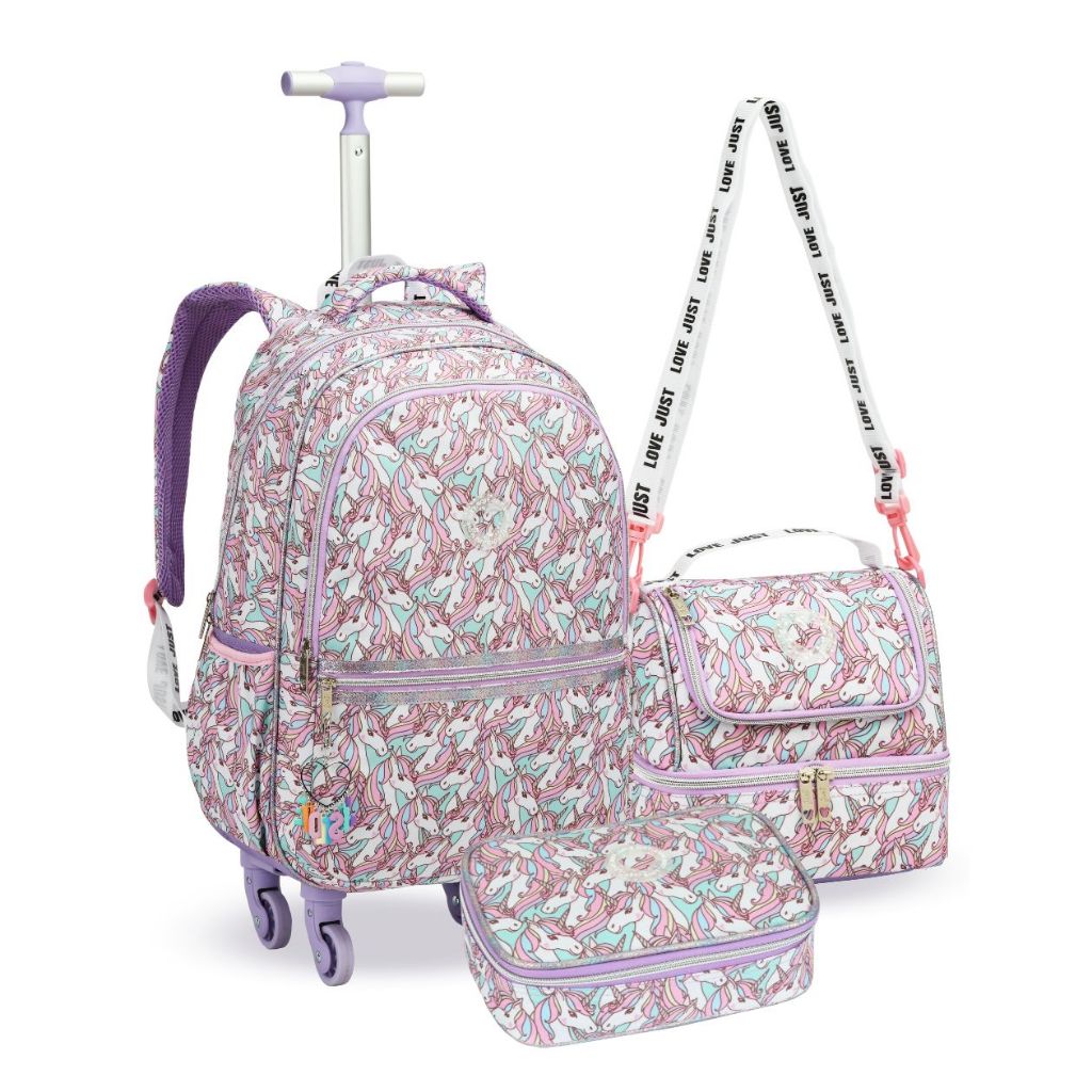 Kit Mochila Rodinhas 360º Lancheira Estojo Meninas Escolar 3 Peças