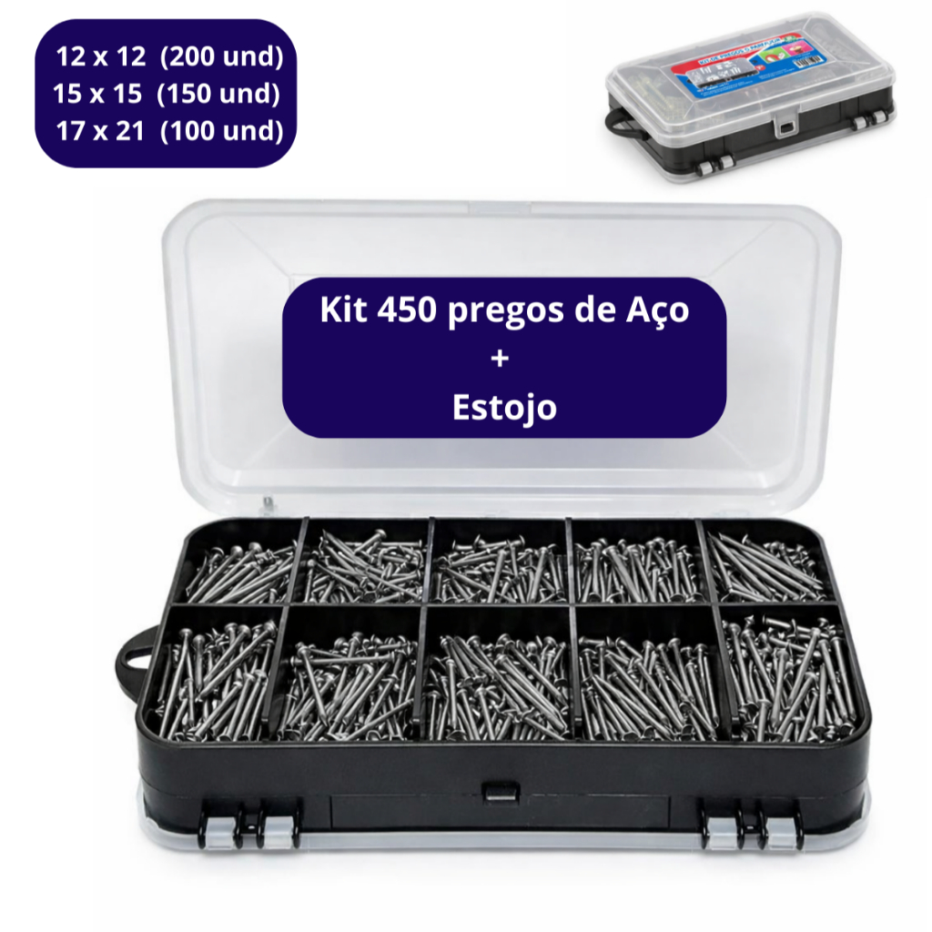Kit 450 Pregos Polido Com Cabeça + Estojo Organizador Uso Profissional Diversos Tamanhos Oferta