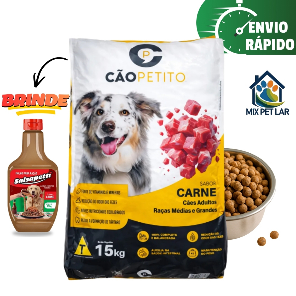 RAÇÃO CÃO PETITO ALIMENTO PARA CÃES ADULTOS 15KG SABOR CARNE + MOLHO CREMOSO SALSAPETTI 250G