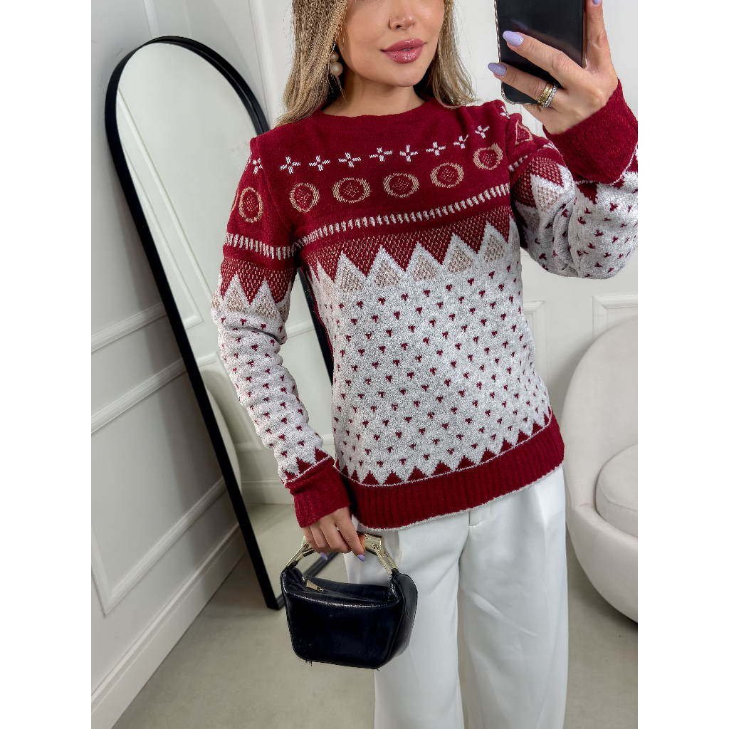 Blusa Étnica Feminina de Tricot Mousse Suéter Manga Longa Estampa Sofísticada Lançamento Inverno