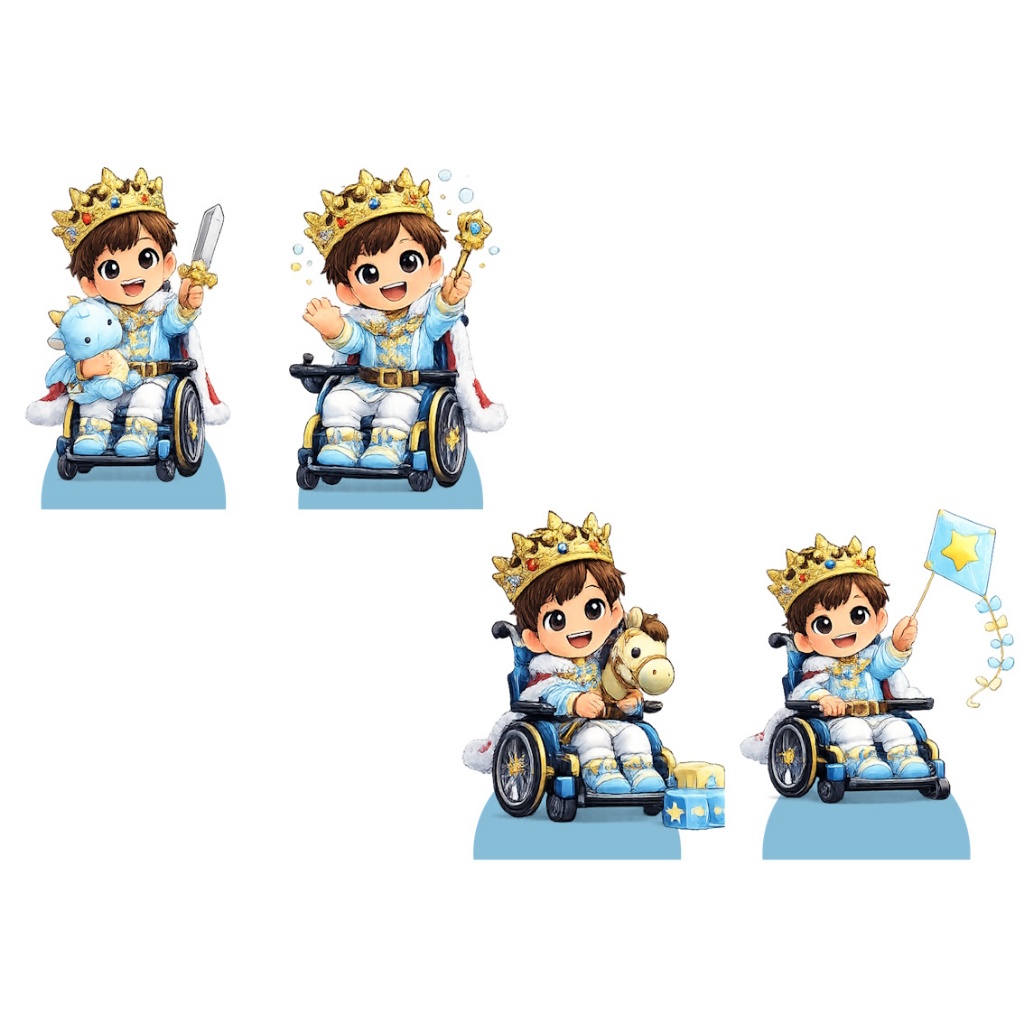 DECORAÇÃO DE FESTA PRINCIPE CADEIRANTE BRINCANDO KIT 4 DIPLAY DE 20 CM EM MDF DE 3MM