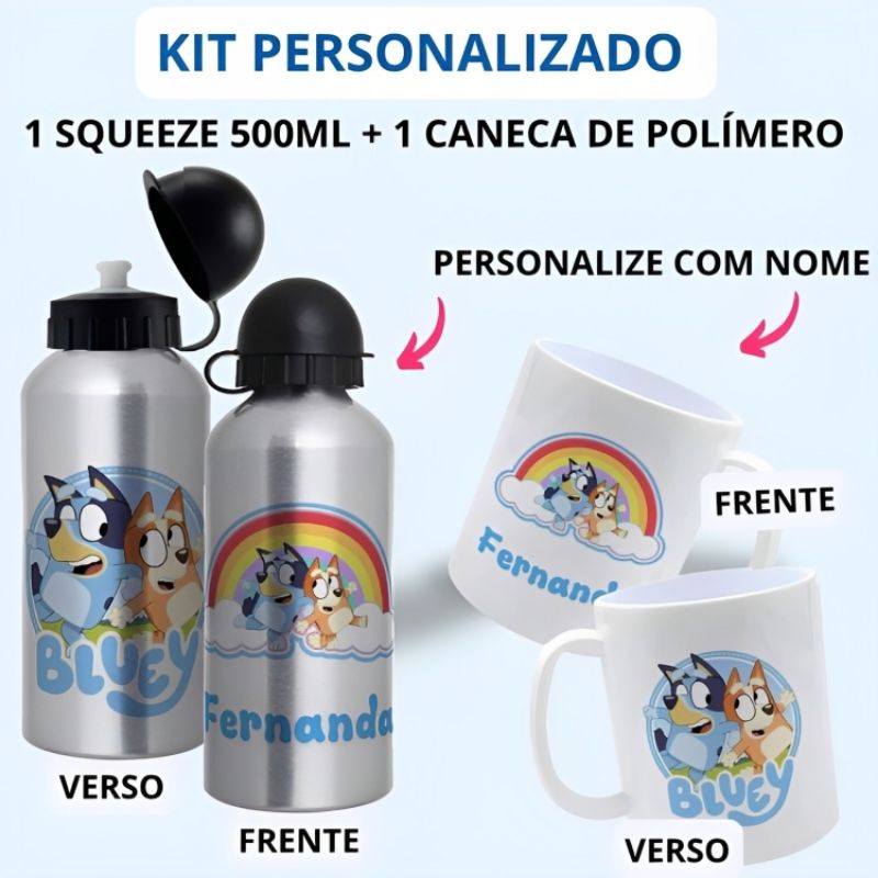 Kit Personalizado do Bluey Garrafa Squeeze Alumínio + Caneca de Porcelana Personalizada com o Nome