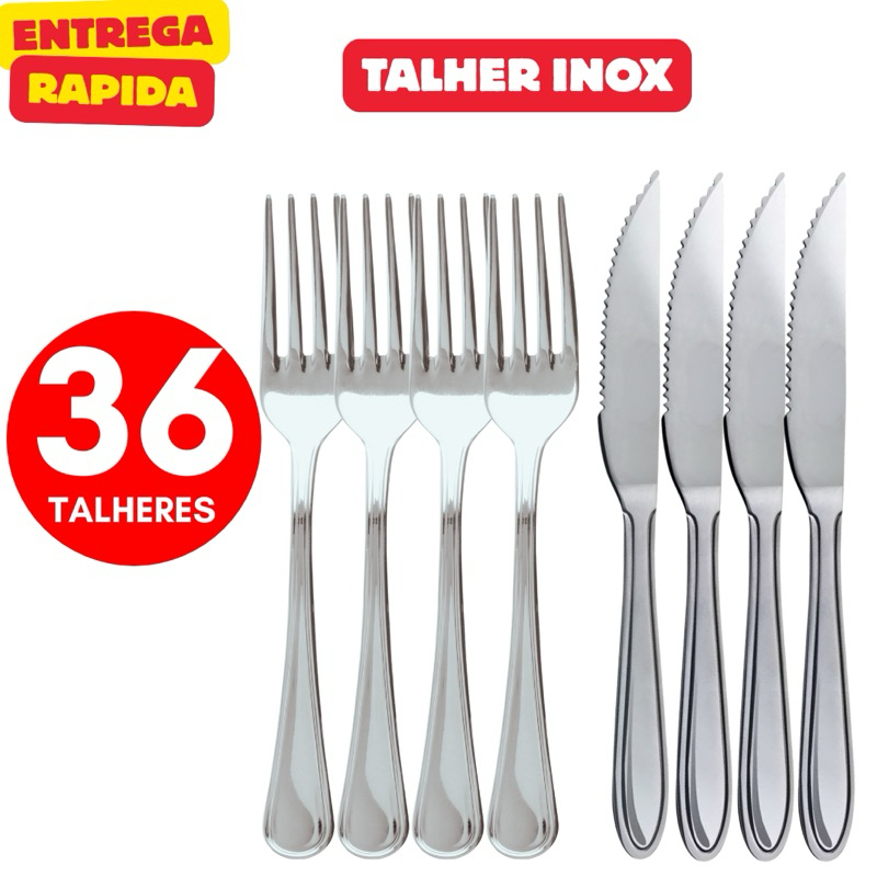 Jogo de Talher Inox 36 ou 24 Peças Alta Qualidade 18 Garfos 18 Facas Restaurante Buffet Lanchonete