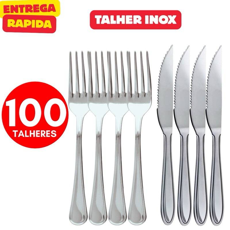 Jogo de Talheres 100 Peças Aço Inox 50 Garfos e 50 Facas Restaurante Buffet Bar Refeição Jantar