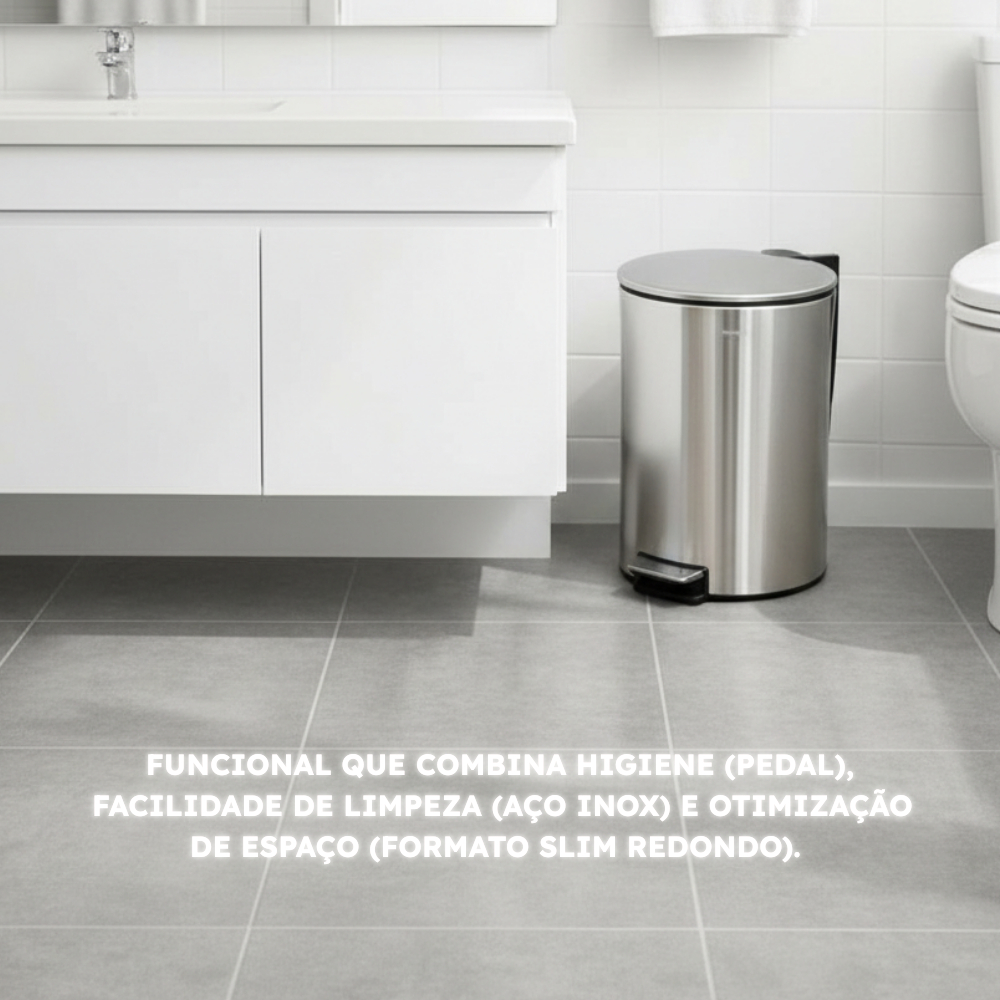 Lixeira Inox Slim 12L com Pedal Design Moderno Cantos Cesto para Casa Banheiro Lavabo Cozinha Escritório Higiene Limpeza