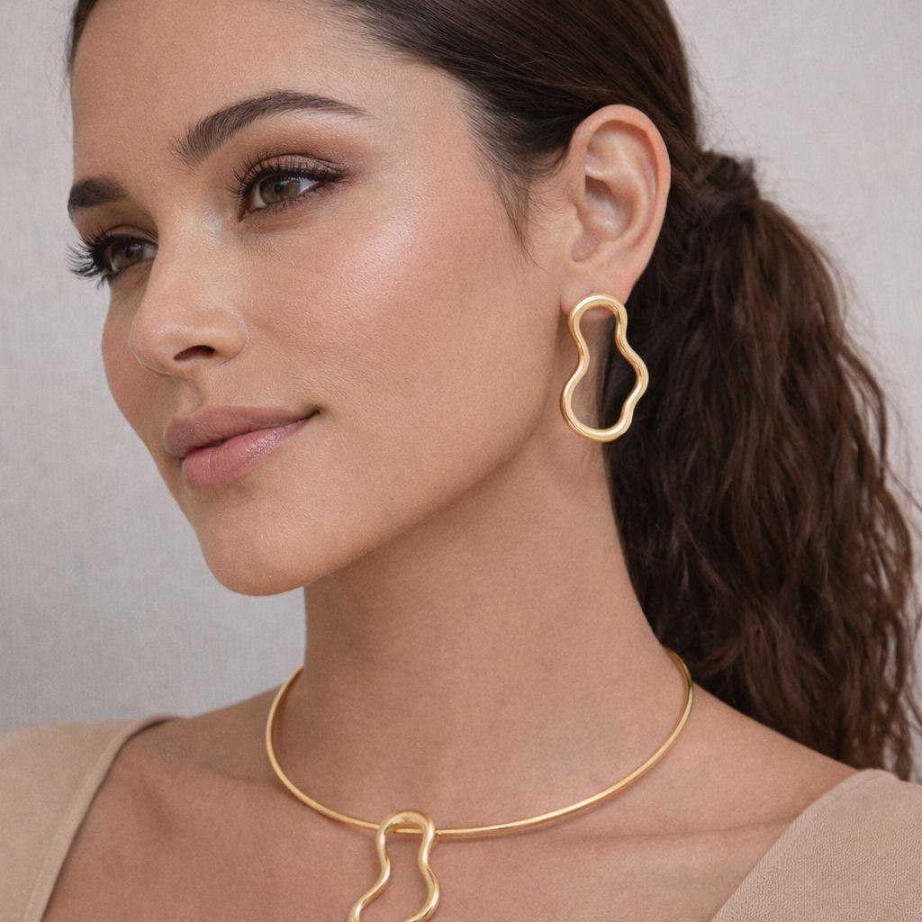 Conjunto Colar Dourado + Brinco Organico Folheado  a Ouro em Oferta na Shopee