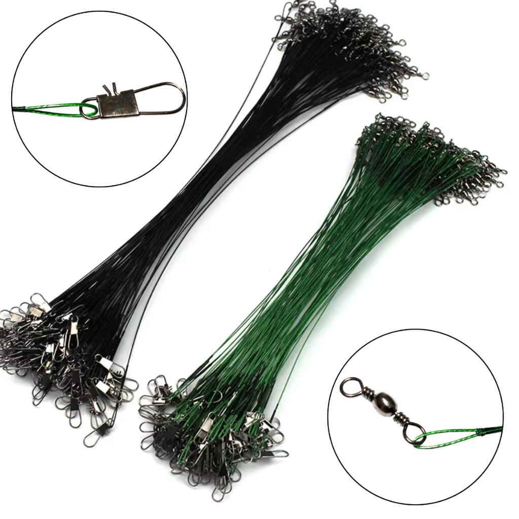 20 Chicote de Pesca Castor Cabo de Aço 15cm Com Girador e Snap Encastoado Leader Arame de Aço