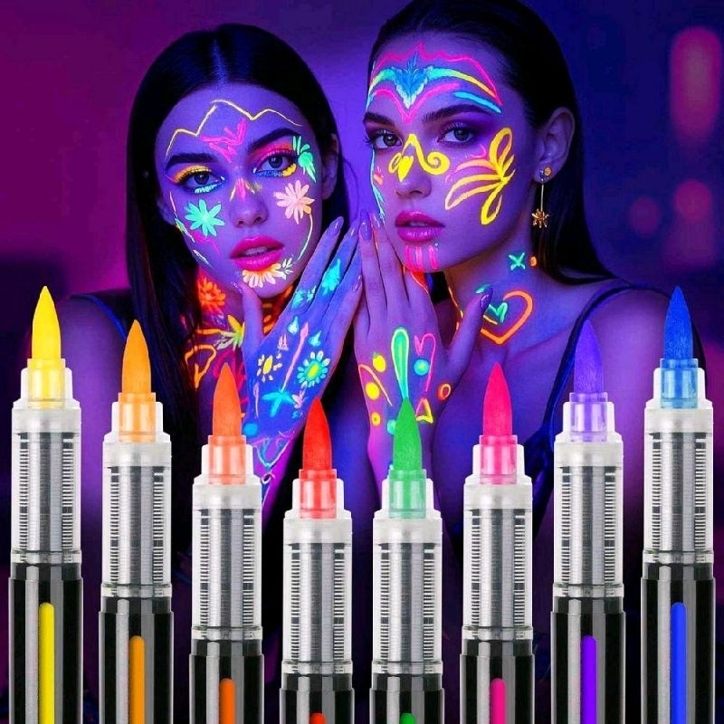Kit 8 Canetas Neon UV para Pintura Facial e Corporal Brilha no Escuro Com Luz Negra para Festas DJ, Raves e Baladas