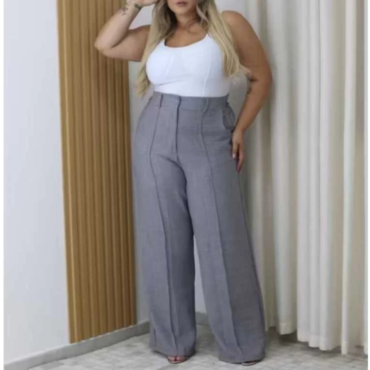 CALÇA PANTALONA FEMININO DUNA WIDE LEG PLUS SIZE COM BOTAO — imagem 1