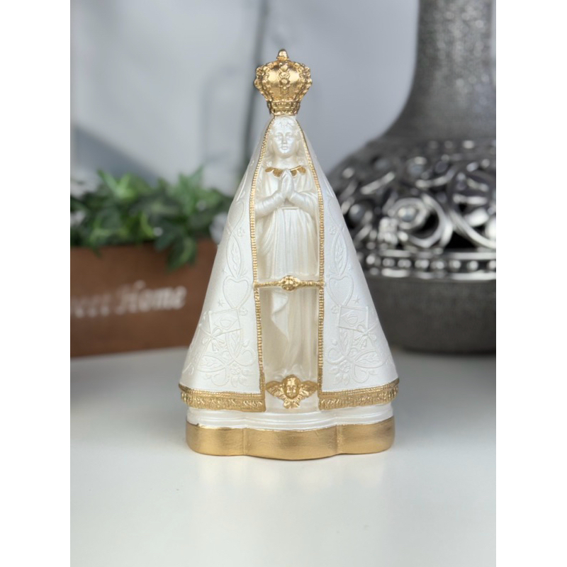 imagem nossa senhora aparecida 20cm branco perola dourado gesso