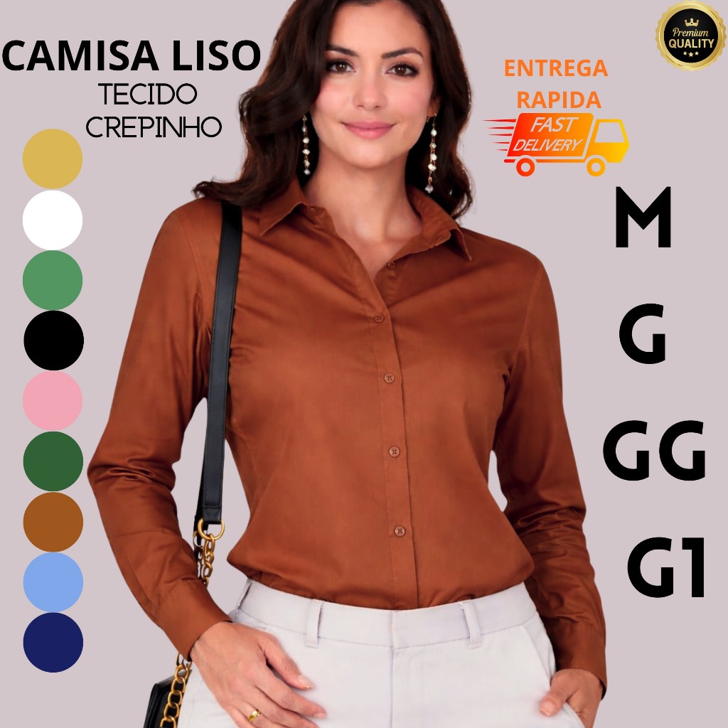Camisa Feminina Lisa Social Elegante Tecido Crepinho Confortável Para Trabalho e Igreja | M G GG G1 em Oferta na Shopee