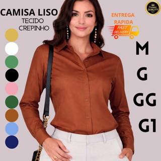 Camisa Feminina Lisa Social Elegante Tecido Crepinho Confortável Para Trabalho e Igreja | M G GG G1 em Oferta na Shopee