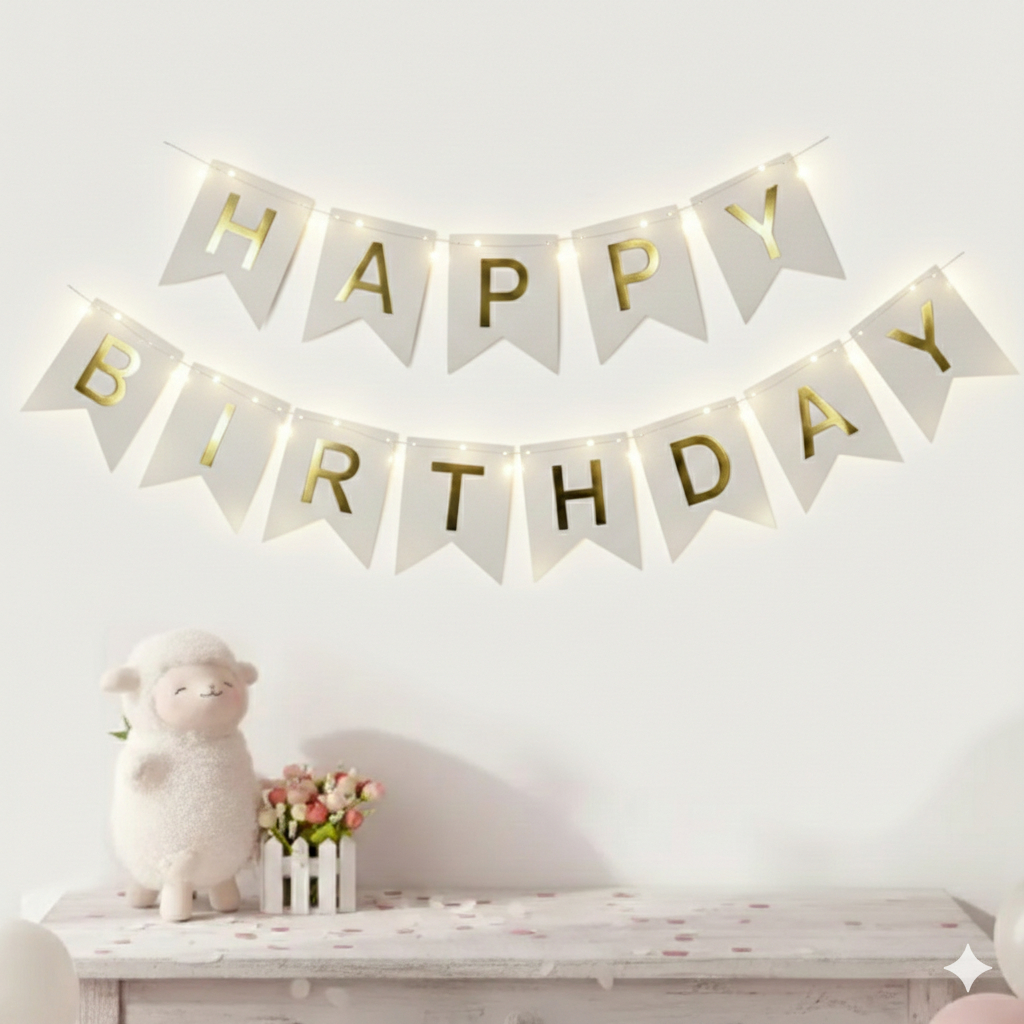 Faixa Bandeirinha Happy Birthday Papel + Led 2 Metros Pisca Pisca Decoração Feliz Aniversário