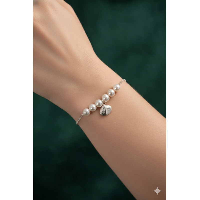 Pulseira Pérolas Prata 925 com Concha Leve e Sofisticada