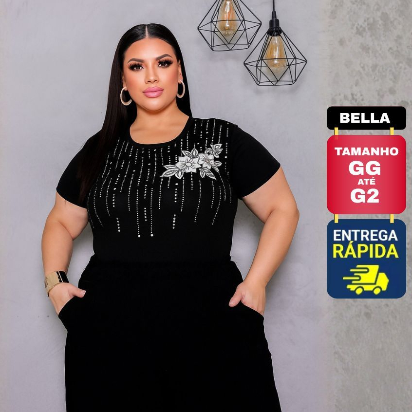 Blusa Plus Size Feminina Gola Redonda Estampado com Brilho Strass com Flor Tamanhos GG G1 G2 Moda em Oferta na Shopee