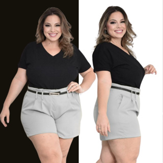Short Feminino Alfaiataria Social Plus Size com Cinto cintura alta com bolso tendência Promoção em Oferta na Shopee
