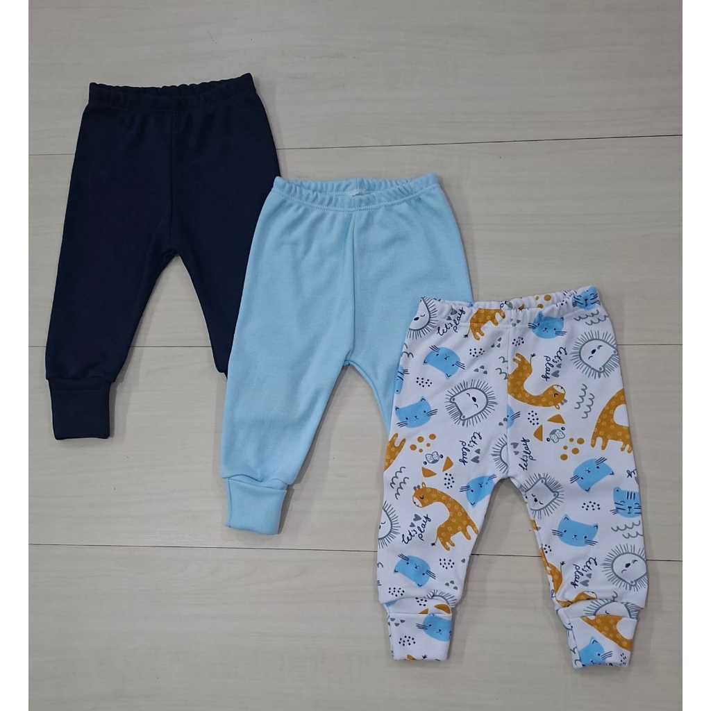 Kit 3 Calças Bebê Mijão Vira pé Liso e Estampado em Suedine 100% algodão Enxoval Maternidade