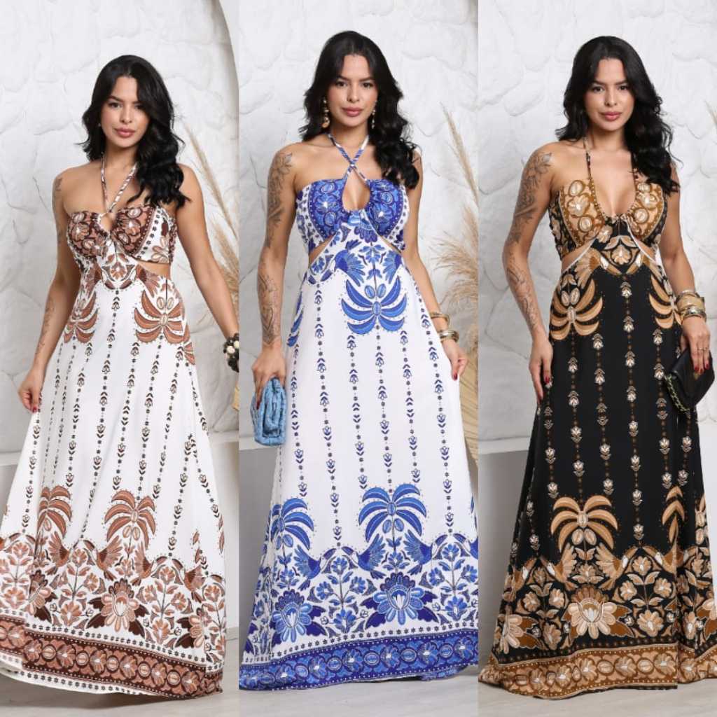 Vestido Longo Floral Inspiração Tendência Moda Blogueira Luxo 2026 em Oferta na Shopee