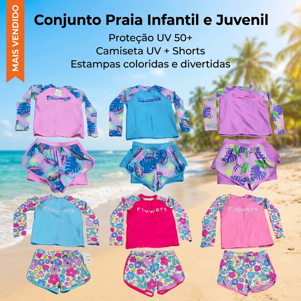 Kit Praia Feminino Biquini Infantil Juvenil Blusa Manga Longa Proteção UV50+ Short Moda Praia Verão em Oferta na Shopee