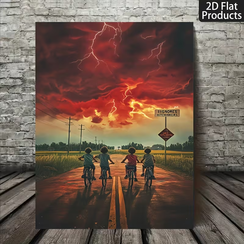 Quadro Decorativo Stranger Things Kids na Estrada e Tempestade