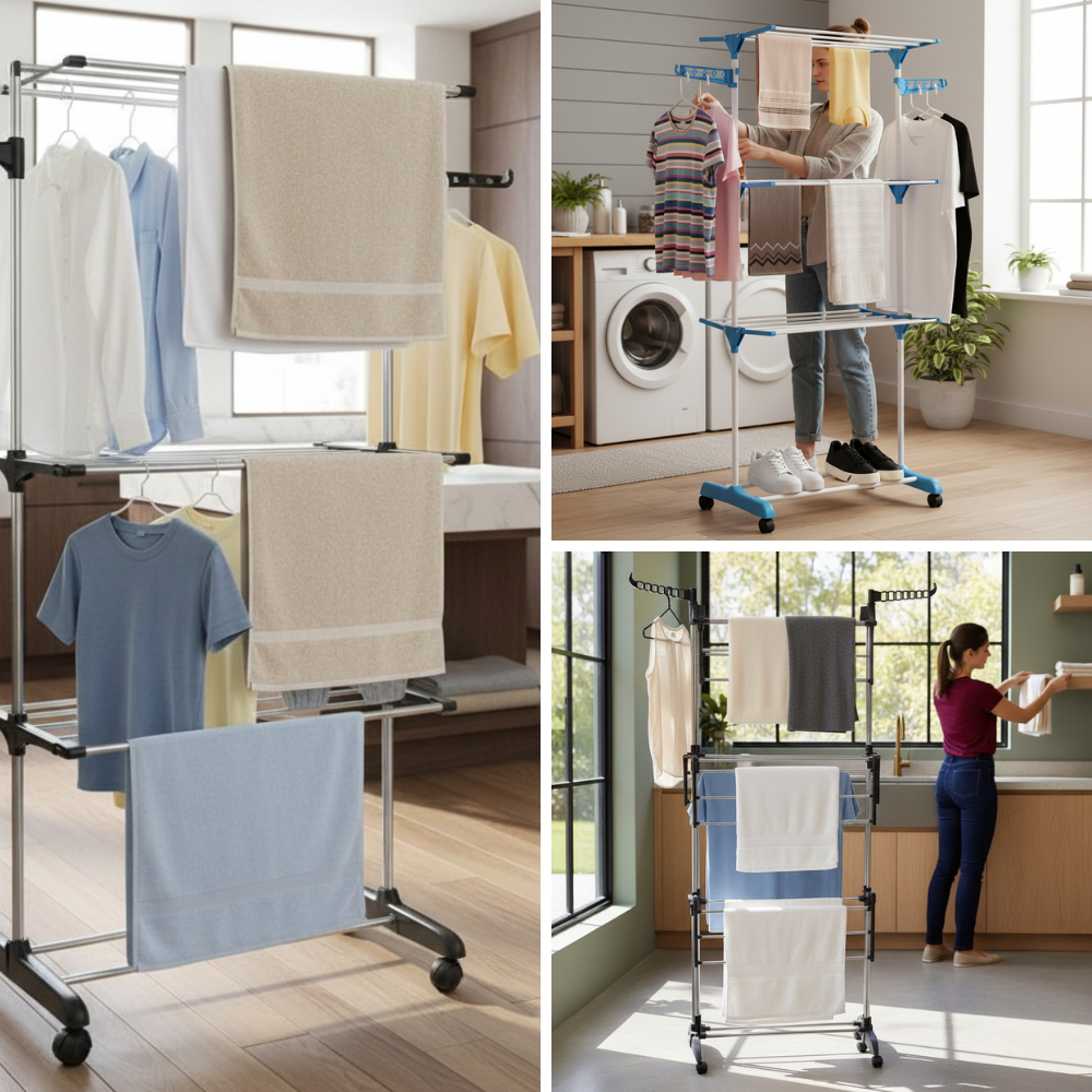 Multi Varal de Chão com Bandejas e 3 Andares Com Cabideiro Roupas Calcinha Meia Lingerie Casa Lavanderia Apartamento Lar