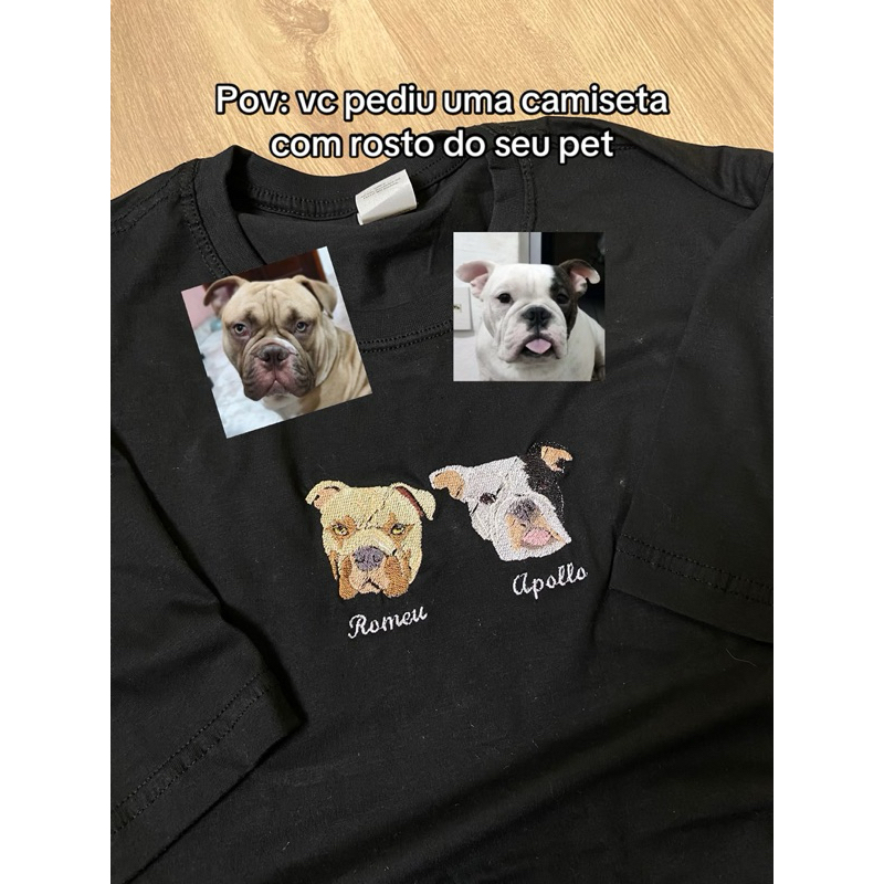 Camiseta bordada com foto do pet personalizada (2 pets) em Oferta na Shopee