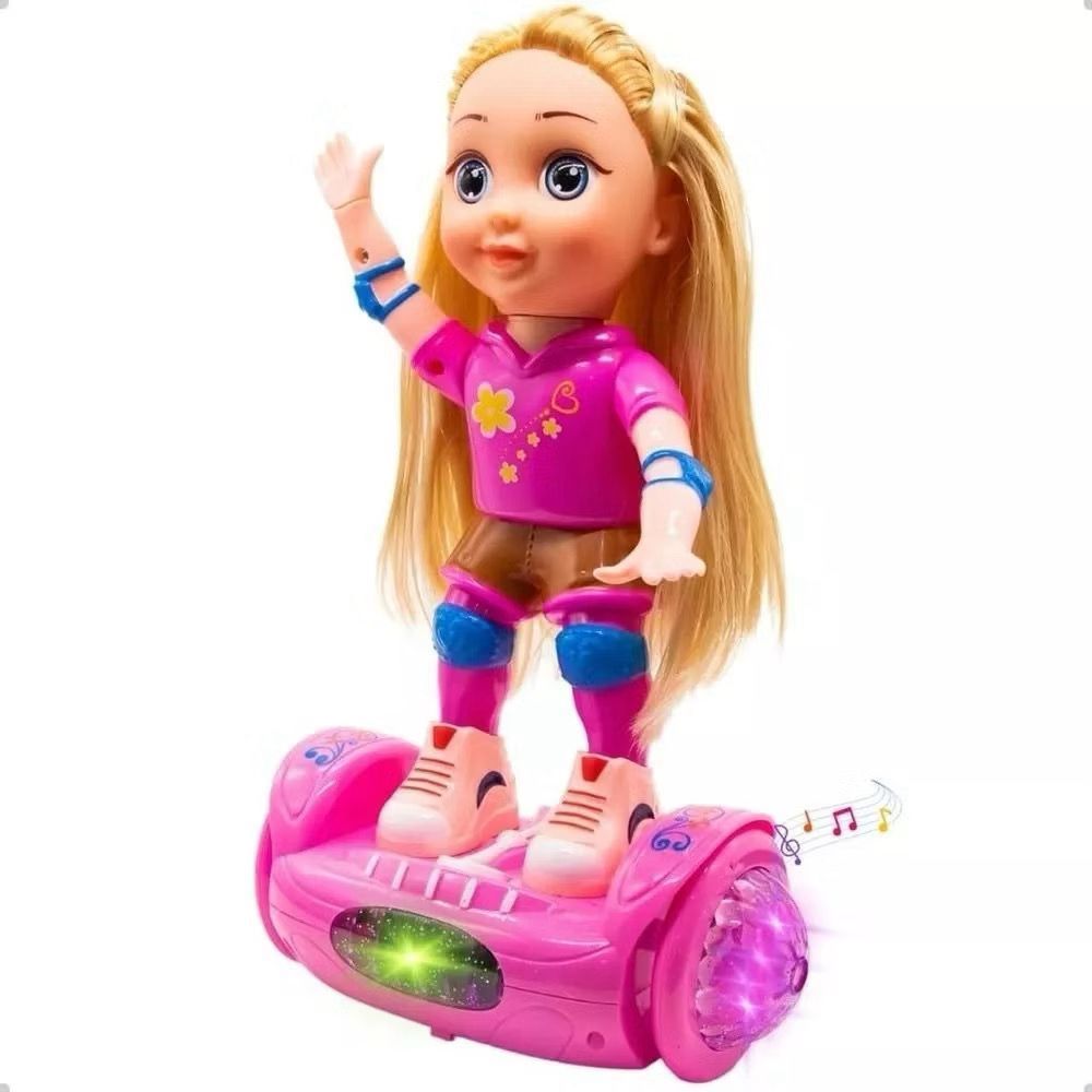 Boneca Hoverboard Musical c/ Luzes LED Anda Sozinha Brinquedo Interativo Infantil, Boneca Patinadora, Patins, Hoverboard