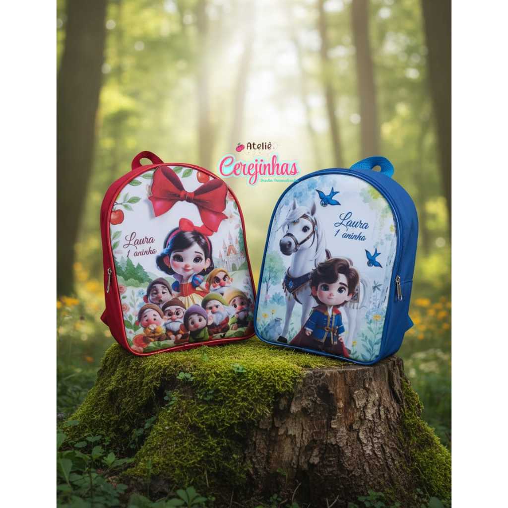 Kit Mochilinhas Branca de Neve com aplique e Principe personalizadas