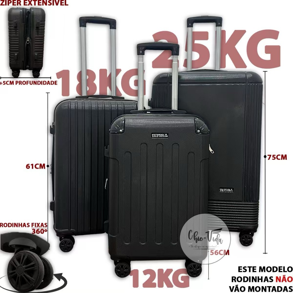 Kit 3 Malas De Viagem 23KG + 18KG+ 10KG Mala Despachada + De Bordo ABS Roda Dupla Com Senha Promoção