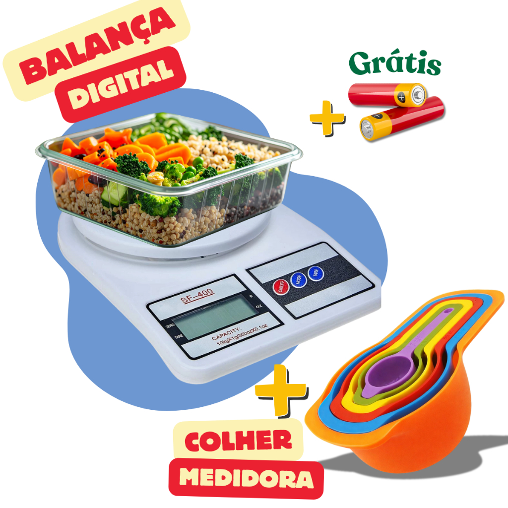 Kit Balança Digital de Cozinha Alta Precisão até 10kg Função Tara e Colheres Medidoras Dieta Nutrição Confeitaria Fitnes