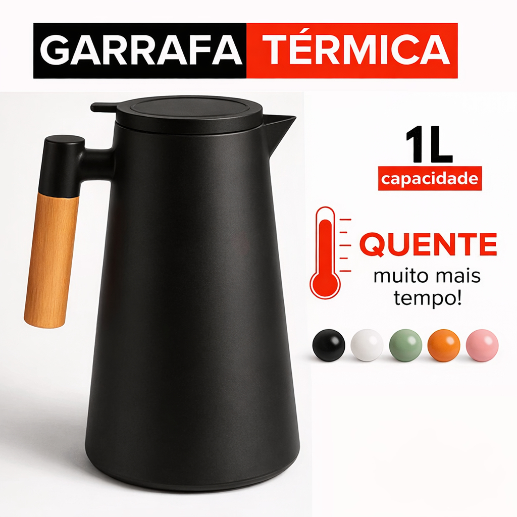 Garrafa Térmica 1L com Cabo de Madeira Mantém Café e Chá Quentes por Horas Design Premium em Oferta na Shopee