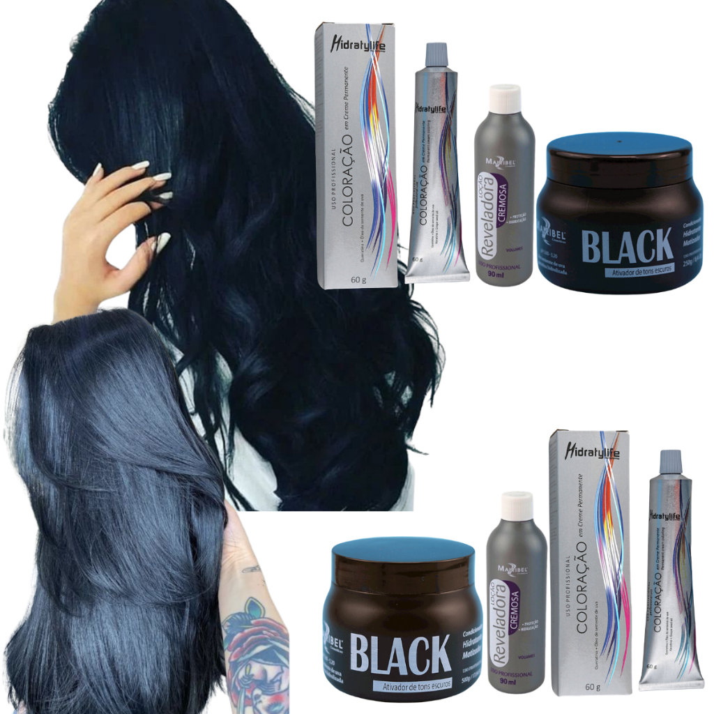Kit Completo Tinta Mairibel 1.0 Preto Azulado + Ox 10/20/30/40 + Matizador Black | Preto Duradouro