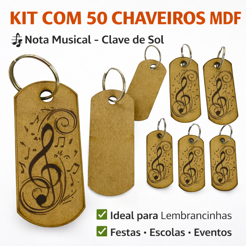 Kit 50 Chaveiros MDF Tag Com Argola  Nota Musical Clave de Sol Lembrancinha Festa, Música e Eventos