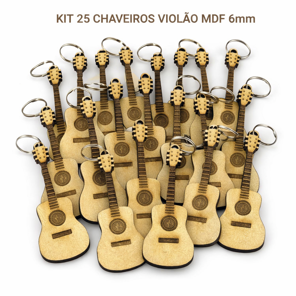 Kit 25 Chaveiros Violão MDF 6mm Com Argola Lembrancinha Musical Festa Brinde Artesanato Decoração