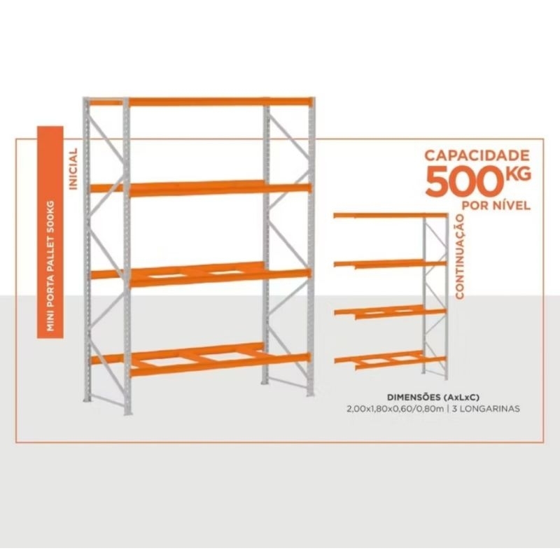 Porta Pallet Reforçado 4500kg | 1 Inicial + 2 Continuações | 3 Níveis | 200x120x60 | Estrutura Industrial