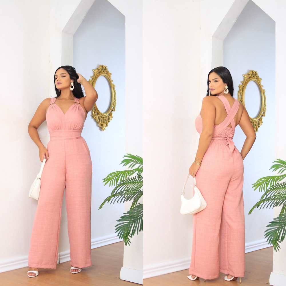 Macacão Longo Feminino Elegante Tecido Duna Linho Com Bojo e Cinto Diversas Cores em Oferta na Shopee