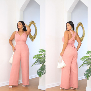 Macacão Longo Feminino Elegante Tecido Duna Linho Com Bojo e Cinto Diversas Cores em Oferta na Shopee