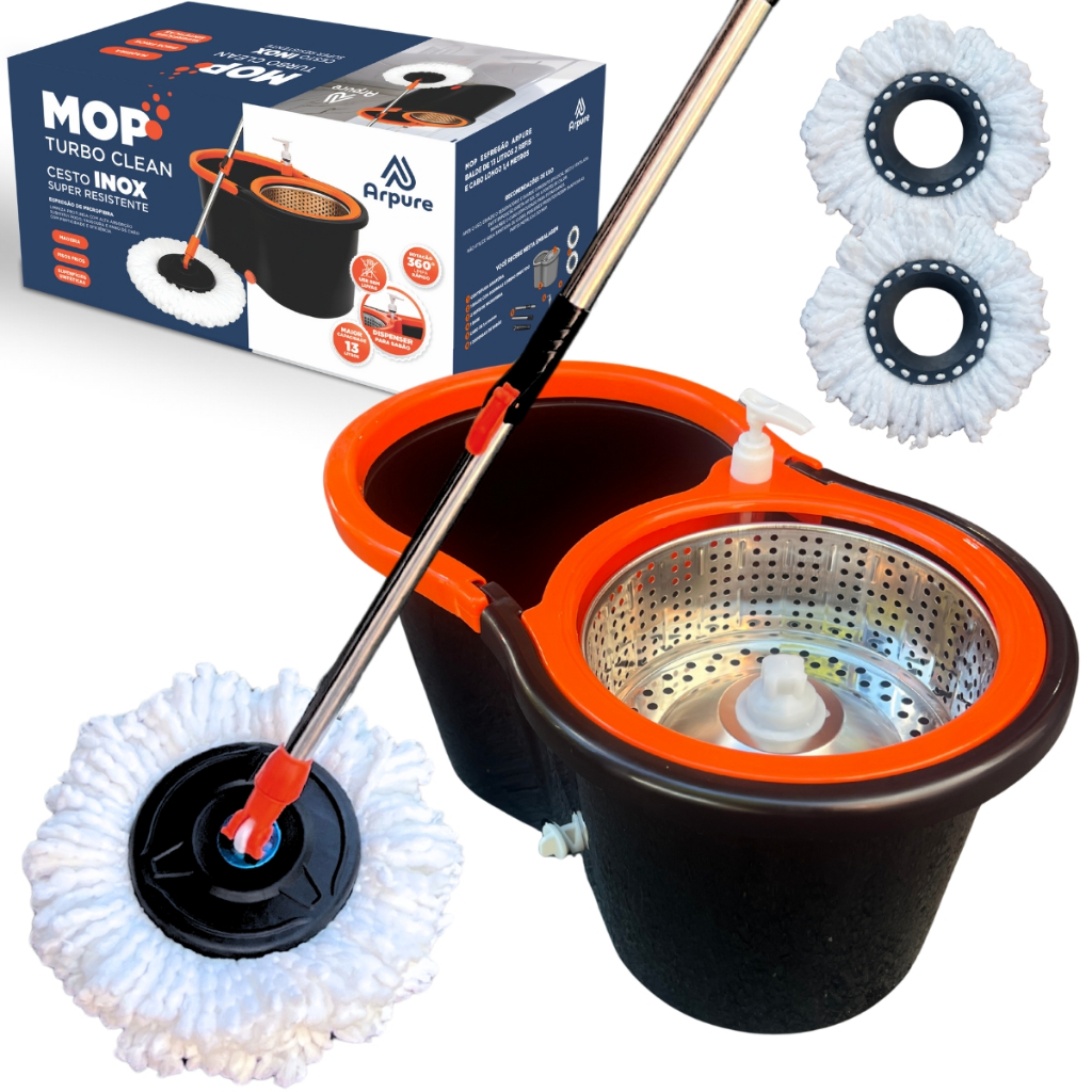 ARPURE Mop Esfregão Giratório Balde Inox 13 Litros + 2 Refis + Cabo Longo 1,4 Metros em Oferta na Shopee