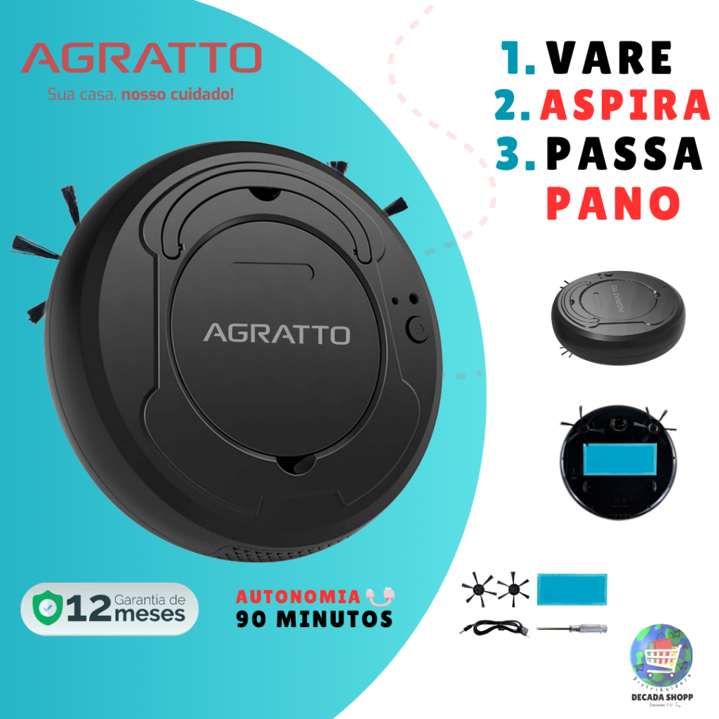 Aspirador de Pó Robô Agratto 3 em 1 - Varre, Aspira e Passa Pano USB 127V/220V  Inteligente Original