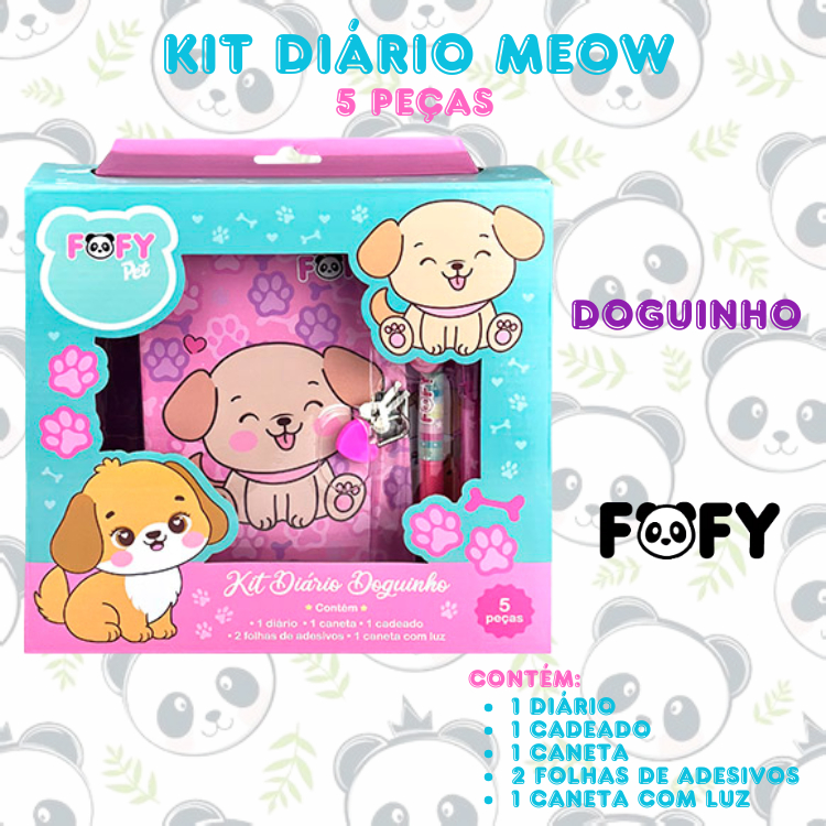 Kit Diário Secreto Caneta Adesivo Doguinho 60 Folhas Capa Dura 5 Peças | Fofy Pet