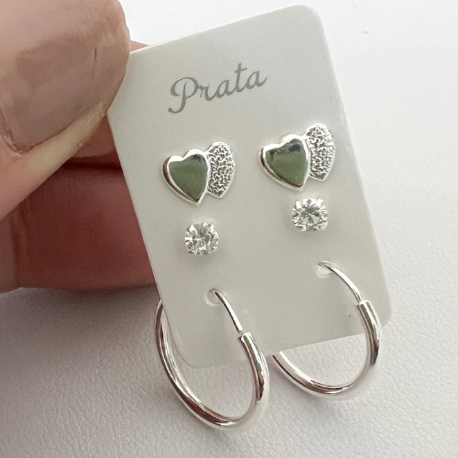 Trio de Brincos Coração Duplo Ponto de Luz e Argola Reforçada de 15mm Prata 925 em Oferta na Shopee