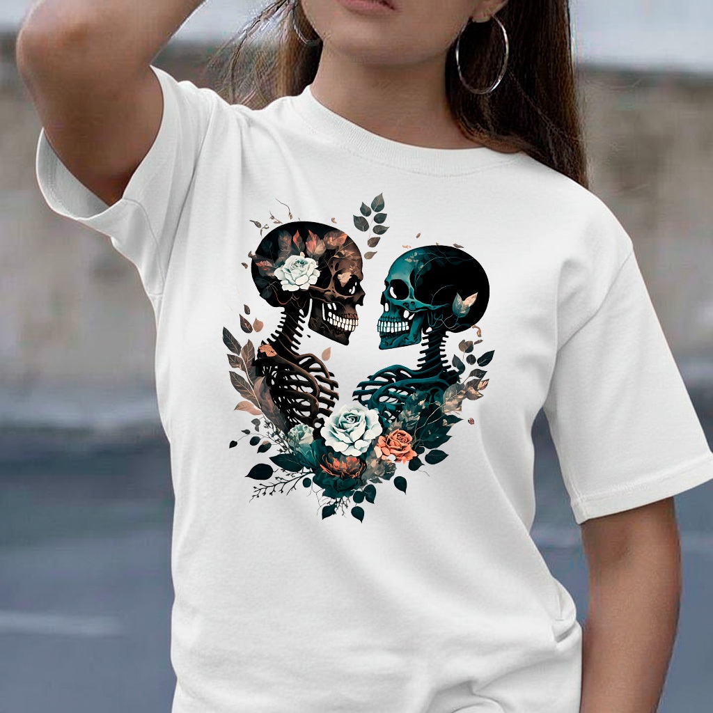 Camiseta Feminina Estampada Esqueleto Love Coração Confortável Casual P M G GG
