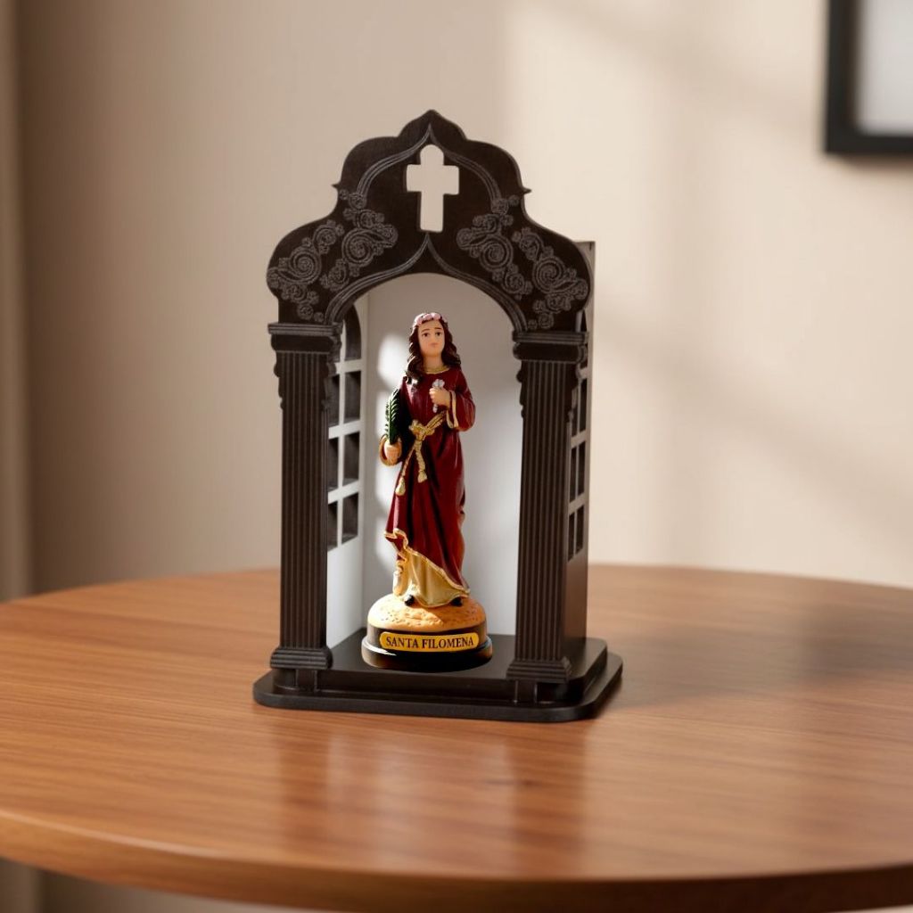 Imagem Santa Filomena 15cm Resina Nobre + Capela Oratorio Madeira MDF