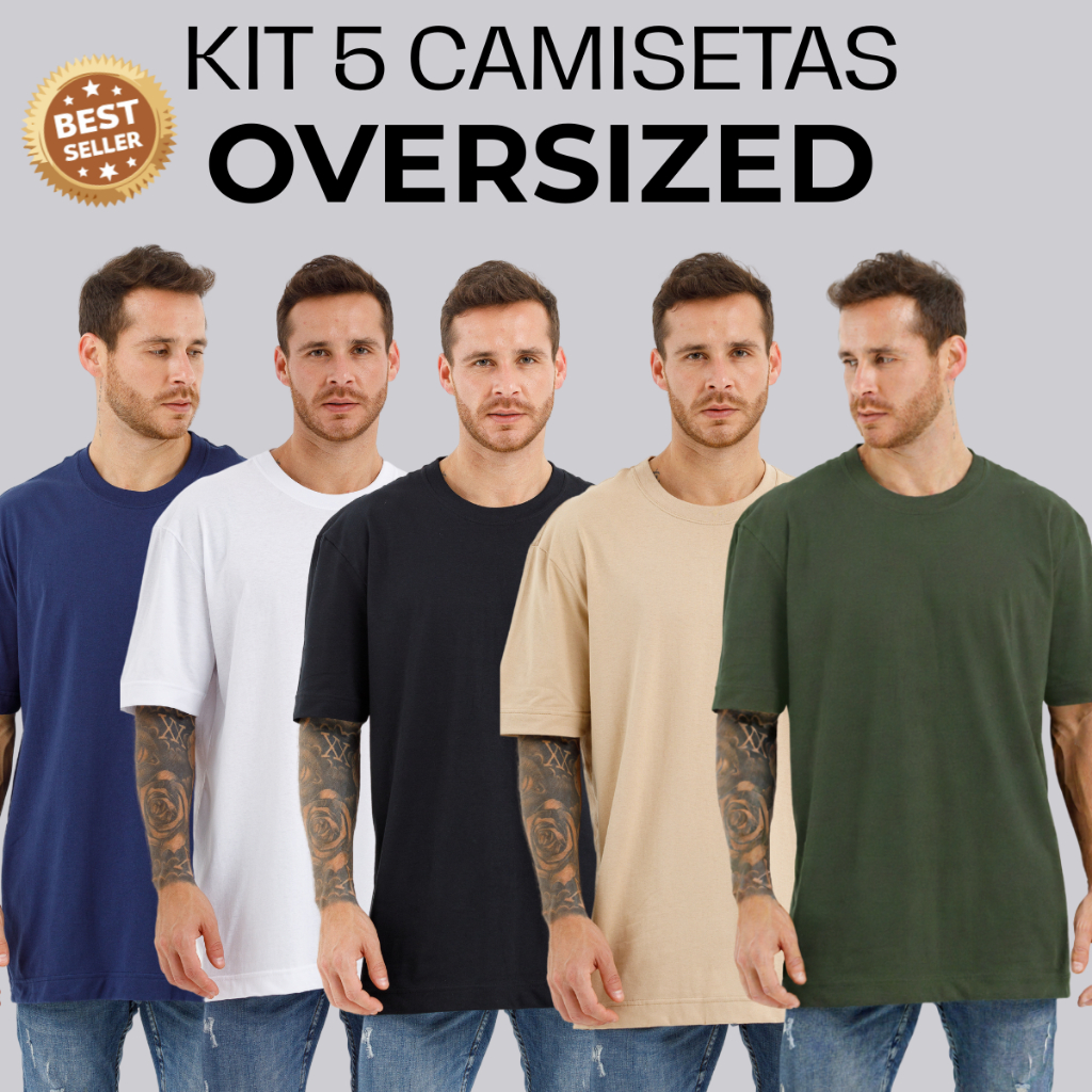 Kit 5 Camiseta Oversized Masculina Feminina100% Algodão 26.1 P M G GG Caimento Streetwear lisa