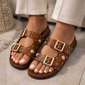 Papete Birken do 34 ao 44 Sandalia Feminina Rasteirinha Modelo FIVELA COM SPIKE E ENFEITE