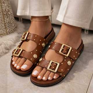 Papete Birken do 34 ao 44 Sandalia Feminina Rasteirinha Modelo FIVELA COM SPIKE E ENFEITE em Oferta na Shopee