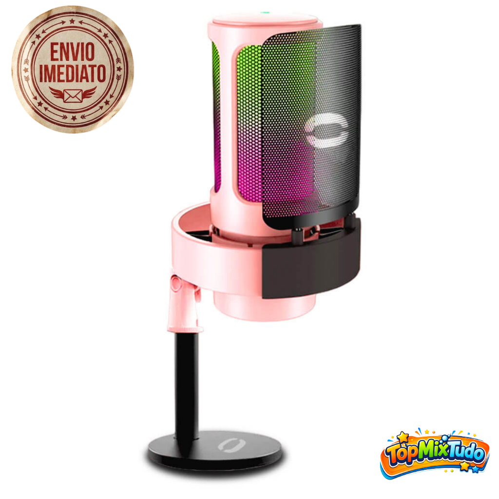 Microfone Gamer Condensador Rosa Rgb Usb Pc Streamer Podcast + Tripé (Com Nota Fiscal)