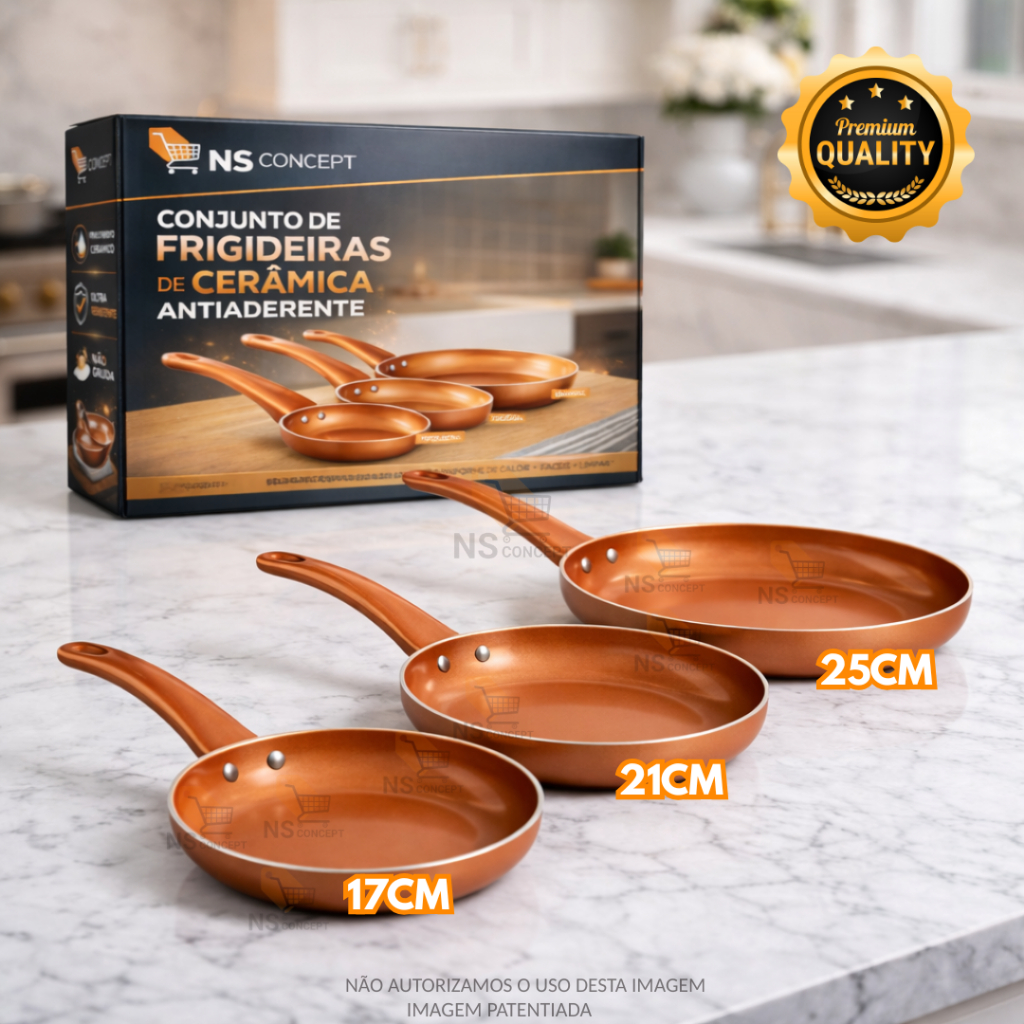 Imagem Conjunto 3 Frigideiras de Cerâmica Antiaderente Cobre Premium, Cabo Ergonômico Revestimento Durável Cozinha Moderna