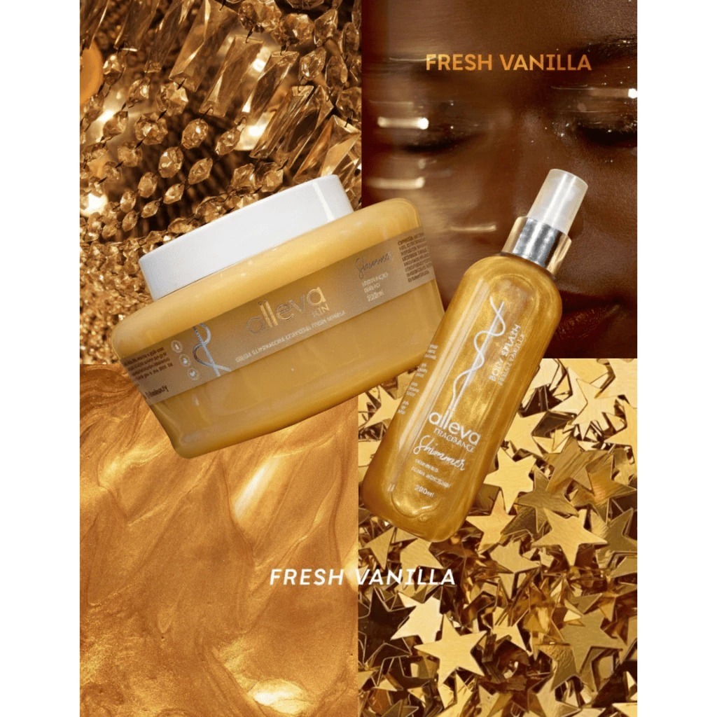 Kit Baunilha Geleia Hidratante Corporal Iluminadora + Body Splash Glow Shimmer Fresh Vanilla Alleva