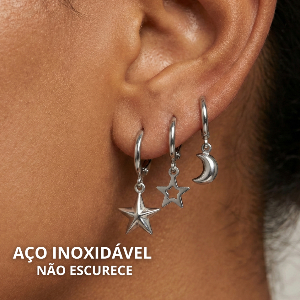 Trio de Brincos Argolinha Aço Inoxidável Cirúrgico Lua e Estrela Não Escurece Hipoalergênico em Oferta na Shopee